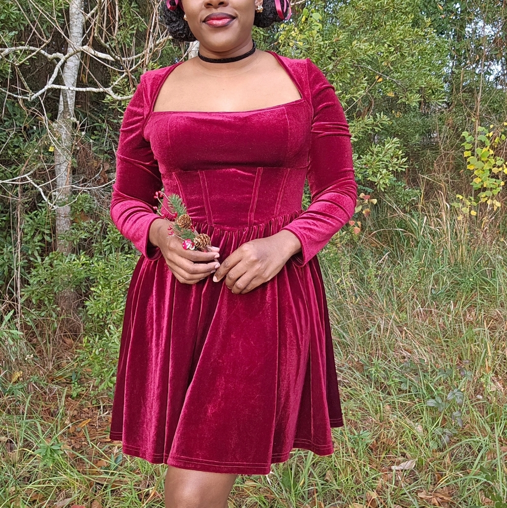 Y2k Burgundy Velvet Skater Dress